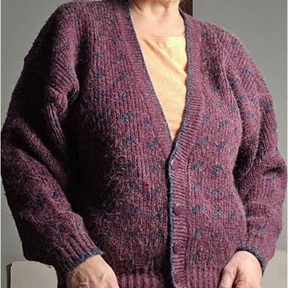 Paris Sport Club Women Vintage Fuzzy Knit Cardigan L Purple 90s Dark Academia